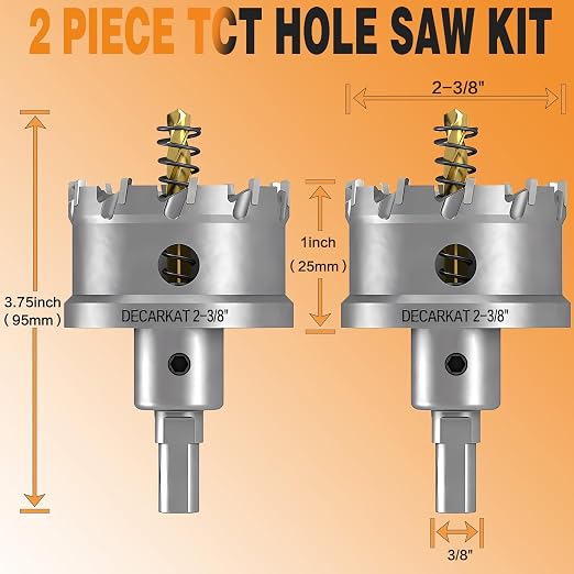 2-Pack 2-3/8" TCT Hole Saws for Hard Metal, Heavy Duty 60mm Tungsten Carbide Tipped Hole Cutters Set with Spring-Loaded Pilot Drill Bits for Stainless Steel, Metal, Iron, and Plastic.