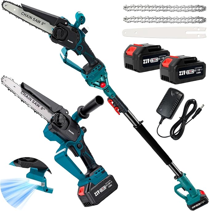 2-in-1 Electric Pole Saw for Tree Trimming,8'' Mini Chainsaw Cordless with Extension Pole,LED Light for Dim Environment, Battery Powered Pole Chainsaw for Tree Trimming 2x4.0Ah Rechargeable Batteries.
