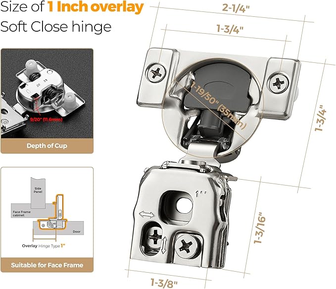 50 Pack 25 Pairs 1 Inch Overlay Soft Close Hinges for Kitchen Cabinet - Satin Nickel Hidden Concealed Hinge - Stainless Steel Self Closing