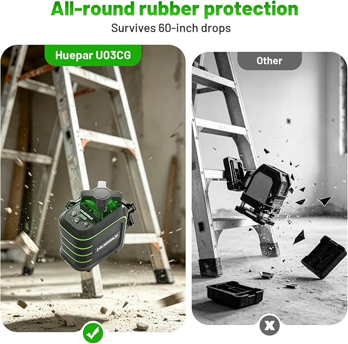Huepar 360 Laser Level with Tripod, 60-Inch Drop Protection Self-Leveling Green Lazer Leveler Tool for Picture Hanging, Pulse Mode Adjustable Brightness, Hard Case, Green Glasses & Target Plate