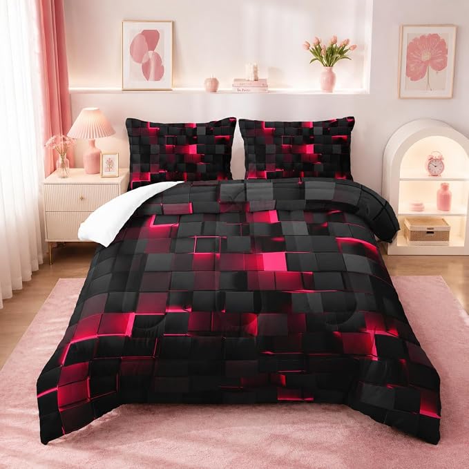 Nttopship Geometric Pink Black Comforter Set,Light Honeycomb 3 Piece Bedding Set Queen Size for Teen Boys,Modern Quilt Set Geometry Decor,Microfiber Lightweight 1 Comforter 2 Pillowcases All Season