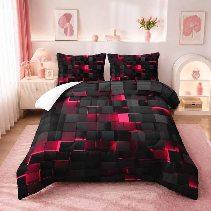 Nttopship Geometric Pink Black Comforter Set,Light Honeycomb 3 Piece Bedding Set Full Size for Teen Boys,Modern Quilt Set Geometry Decor,Microfiber Lightweight 1 Comforter 2 Pillowcases All Season