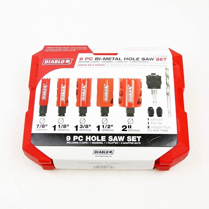 Diablo 9-Piece Kit Bi-Metal Hole Saw Set, Fast Cut Performance - 5 Saw Sizes for Wood, Plastic, Metal, Includes Snap-Lock Plus Mandrel & Adapter Nuts - DHS09SGP