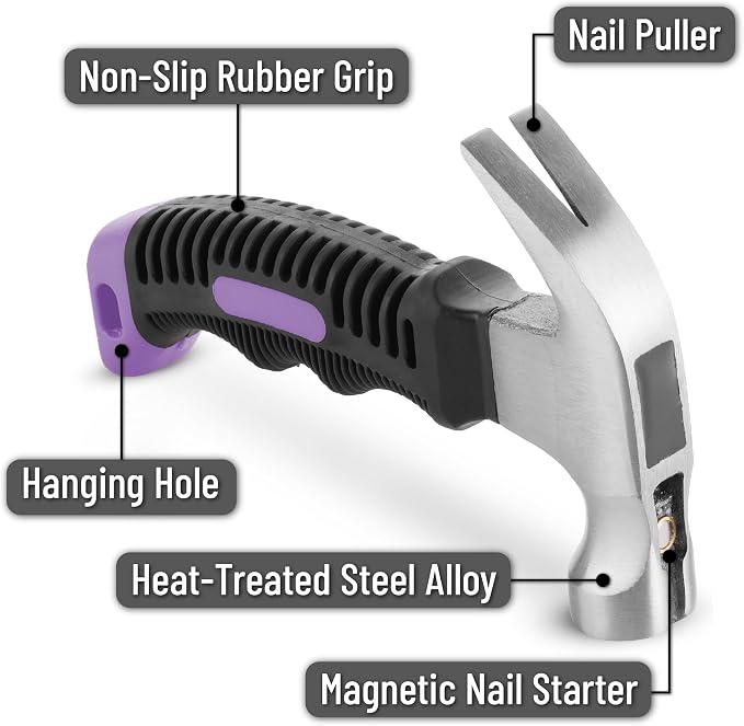 Mr. Pen- Claw Hammer, 8oz, Purple, Magnetic, Small Claw Nail Hammer for Women for Camping, Wood Working, House Repairs, Claw, Stubby, Tack
