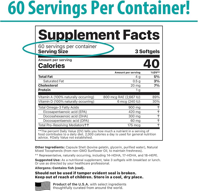 Jigsaw Health Alaskan Cod Liver Oil | 900 mg Omega-3s with EPA, DHA, and DPA | Includes Naturally Occuring Vitamins A & D | 180 Softgels | 60 Servings