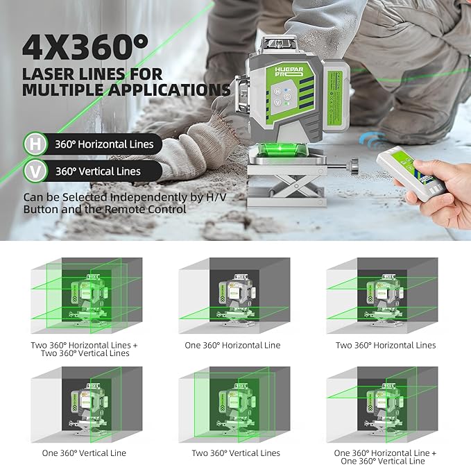 Huepar Pro Laser Level, Self Leveling 4 x 360° Green Cross Line Laser Level Tool, High Accuracy 4D Level Laser for Construction, 8000mAh Rechargeable Li-ion Battery, Remote Controller&Hard Carry Case
