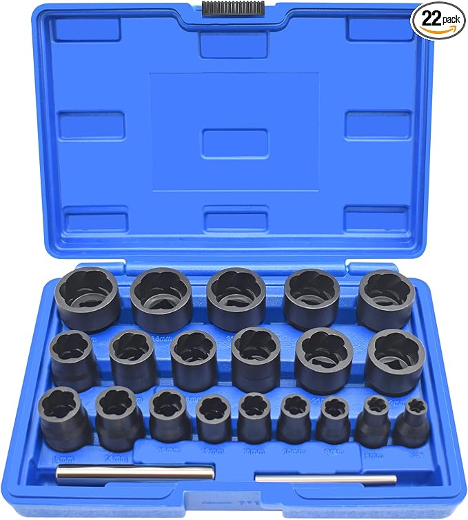 22 Pcs Bolt Nut Extractor Set, 1/2" and 3/8" Drive Wheel Lock Removal Kit | for Extracting Damaged, Stripped Frozen Nuts & Screws Twist Socket Set, Impact Lug Nut Remover Socket Tool