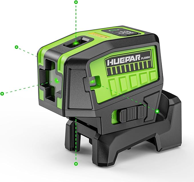 HUEPAR 5 Point Self Leveling Laser Alignment Tool with Plus Mode (98-165Ft), Laser Plumb Dots Level with 360° Magnetic Base Includes 2 AA Batteries & Hard Carrying Case - PL500G