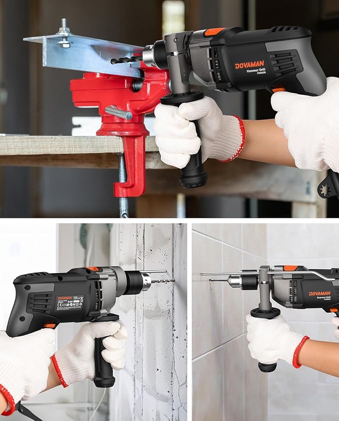 DOVAMAN 7.5A Corded Hammer Drill, 1/2'' Impact Drill with Variable Speed 0–3000RPM, Metal Chuck, 2 Modes for Concrete, Wood, Metal – Includes Bits & Carrying Case-PHD03B