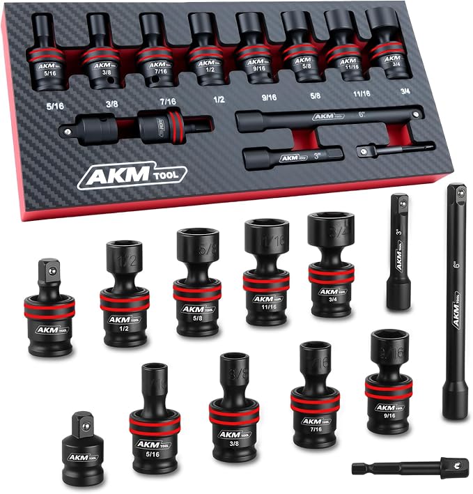 3/8" Drive Universal Impact Socket Set, 13 Piece Swivel Socket Set, Universal Joint Wobble Socket 6-Point, SAE, 5/16"-11/16", Cr-Mo, with Extension Bars, Socket Adapter, Drill Bit Adapter