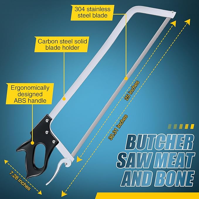 25 Inch Butcher Saw Meat and Bone, Professional Meat Processing Saw with Stainless Steel Blade, Quick Release Black Tightening Cam Comfort Handle, for Household, Processed Livestock and Game