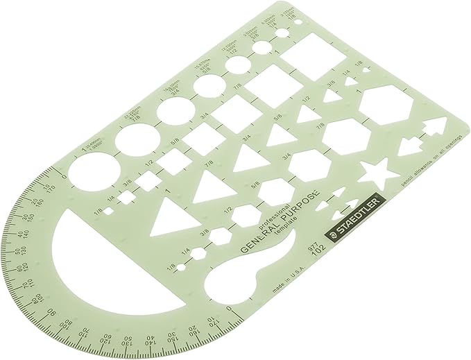 Staedtler Template, Geometric Shapes/Symbols, Protractor, Inch Scale, 9.5 x 5.5 Inches (977102)