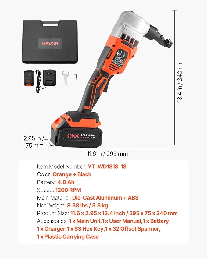 VEVOR Cordless Metal Nibbler, with 18 V 4000 mAh Battery, 1200 RPM Brushless Motor, Electric Nibbler Metal Cutter with Plastic Carrying Case for Cutting Stainless Steel, Aluminum, and Copper Sheet