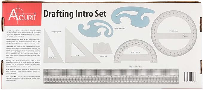 Acurit Drafting Beginner Set - Drafting Tools & Supplies - 7-Piece Drafting Kit for Artists, Architects- Includes Metric Triangles, 8" Protractor, French Curves, Ruler, Pencils & More