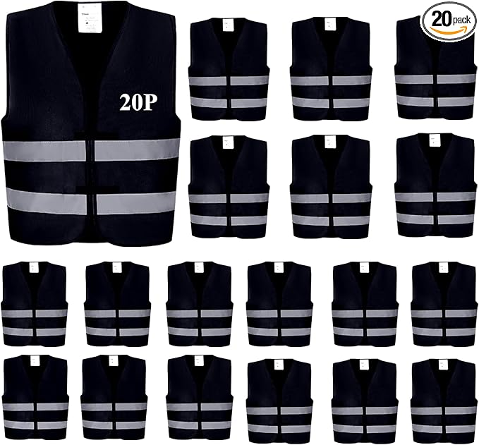 Black Safety Vests 20 Pack - Reflective High Visibility Construction ANSI Class 2 Work Vests for Men,Woman,Hi Vis Mesh and Neon Silver Strip