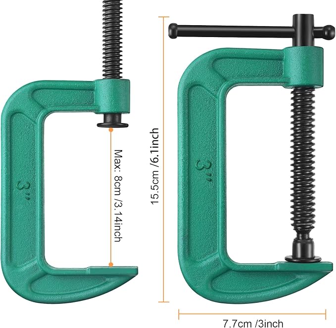 4 Pcs C Clamp Set 3 Inch Heavy Duty G-Clamps Automotive and Wood Working Clamps with Jaw Opening Sliding for DIY Carpentry Woodworking Welding and Building(3 Inch, Green)