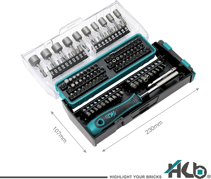 HB 112-Piece Magnetic Nut Driver & Bit Set KKM002-U, Phillips Pozi Slotted Hex Star Square Spline Tri-Wing Torq Clutch Bits, Magnetic Holder, Socket Adapter, Screwdriver Handle, Case, Made in Taiwan