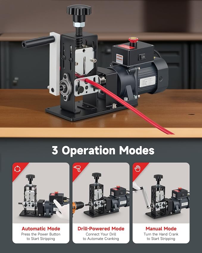 CREWORKS Electric Wire Stripper Machine, Wire Stripper Electrical for 0.06"-0.9" (1.5-22 mm) Copper Wires with 3 Operation Modes, Wire Stripper Tool with Hand Crank for Scrap Wire Recycling