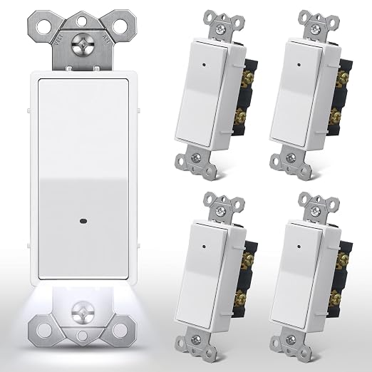 CML Illuminated Light Switch, 5 Pack Decorator Rocker Paddle Interrupter with Cool White LED Night Light, Single Pole Wall Lighted Switch with Automatic On/Off Sensor, 15A 120V, ETL Listed, White