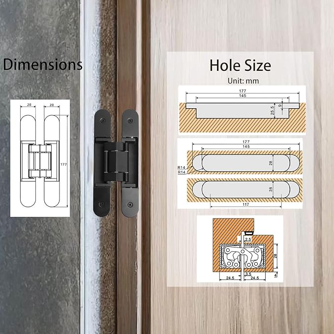 2-Pack 7 inch Black Hidden Door Hinges Heavy Duty, Zinc Alloy Invisible Hinges, Concealed 180 Degree Swing Hinge, 3 Way Adjustable Butt Hinge
