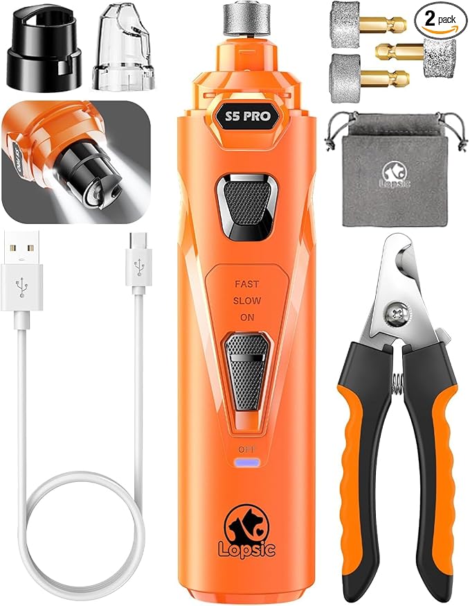 Whisper Quiet Dog Nail Grinder with 4 LED Lights, Safe & Stress-Free for Sensitive Dogs of All Breeds & Sizes, 3 Grinding Bits, 3-Speed, Pet Nail Trimmers, Rechargeable Painless Grooming Kit Orange