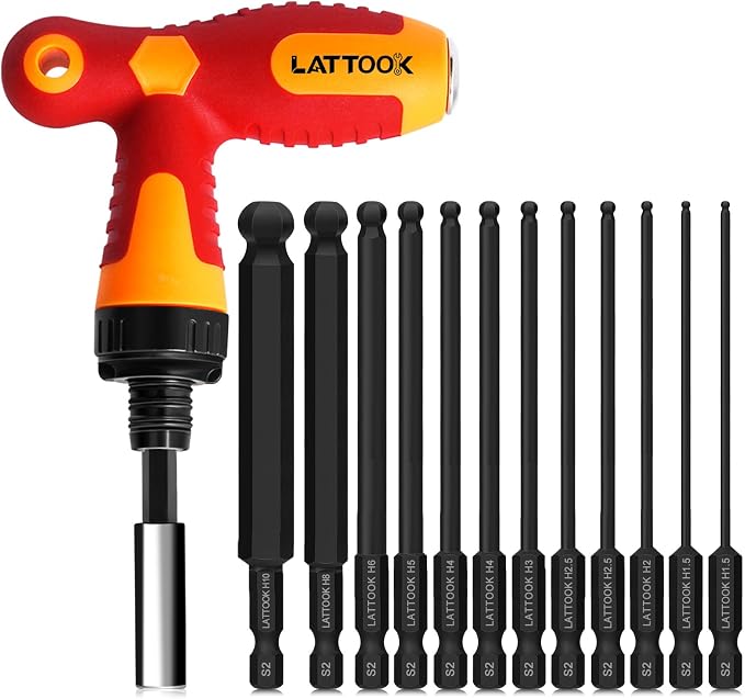 Metric Ball End Hex Bit Set with T Handle Ratchet Driver | LATTOOK 12PCS Ball End Hex Head Allen Wrench Drill Bit Set, Allen Key Drill Bit Set, 4'' Long, Magnetic S2 Steel