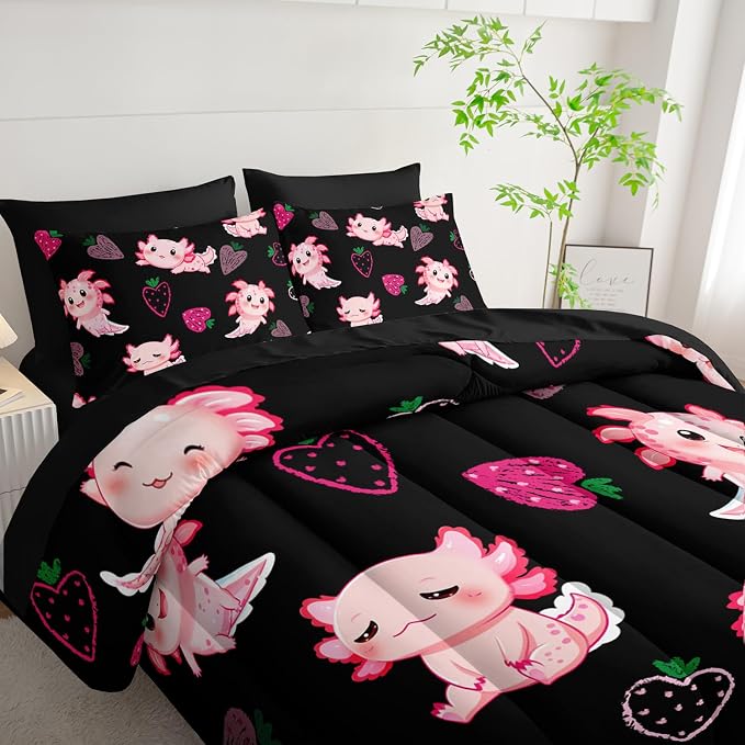 Cute Axolotl Comforter Set,Bed in a Bag Twin Size 7 Pieces,Marine Life Themed Bed Set for Kids Girls Toddler,7Pcs Bedding Set with Comforter,Fitted Sheet,Flat Sheet,Pillowcases.