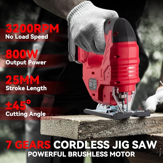 Cordless Jig Saw for Milwaukee Battery, 7 Speed Variable Up to 3200RPM, LED Light, 45° Bevel Cuts, 3 Orbital Motions, with Jig Saw Blade for Straight/Curve/Circle Cutting(Battery Not Include)
