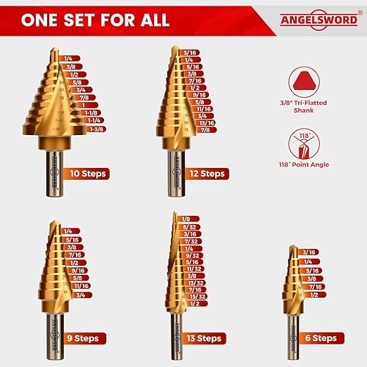 ANGELSWORD Step Drill Bits, 50 Sizes, 5PCS HSS Spiral Grooved Titanium Coated Step Drill Bit Set for Plastic, Aluminum, Copper, Sheet Metal, with Aluminum Case