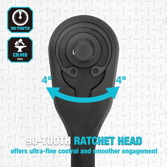 DURATECH Extra Long Handle 1/2-Inch Drive Ratchet, 90-Tooth Ratchet Wrench | Socket Wrench with 15" Handle and Dust Proof Teardrop Enclosed CR-MO Head, Reversible, CR-V Made, Black Mn Phosphate Finish