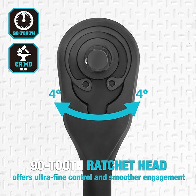 DURATECH Extra Long Handle 1/4-Inch Drive Ratchet, 90-Tooth Ratchet Wrench | Socket Wrench with 8" Handle and Dust Proof Teardrop Enclosed CR-MO Head, Reversible, CR-V Made, Black Mn Phosphate Finish