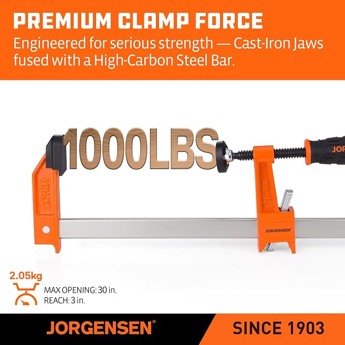 Jorgensen 30-Inch Bar Clamp Set, Heavy Duty Steel Bar Clamps for Woodworking, Wood Clamps with 1000 lbs Load Limit, 2-Pack