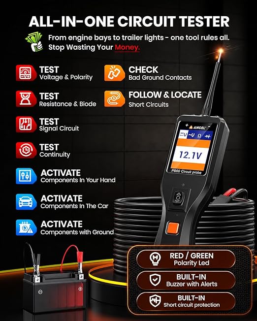 ANCEL PB60 Power Circuit Probe Tester, 12-24V Power Circuit Probe Tool, All-in-One Electrical System Probe with Component Activation, Short Finder, Digital Multimeter Ohmmeter for Cars Trucks RVs ﻿﻿