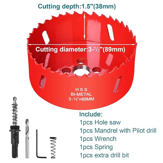 3-1/2Inch / 89mm Hole Saw for Wood, Plastic Board, Ceiling,Drywall, and Metal Sheet - HSS Bi-Metal Hole Cutter with Pilot Drill Bit