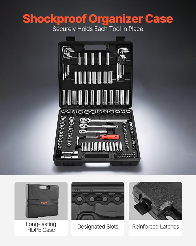 VEVOR Socket Set, 149 Pieces, 3/8 & 1/4 & 1/2 inch Drive Socket and Ratchet Set, SAE and Metric, Deep and Shallow, Mechanic Tool Kit with Bits, Accessories, Storage Case, CR-V Alloy Steel, for Repair | CR-V, SAE and Metric, Deep and Shallow, Tool Set w...