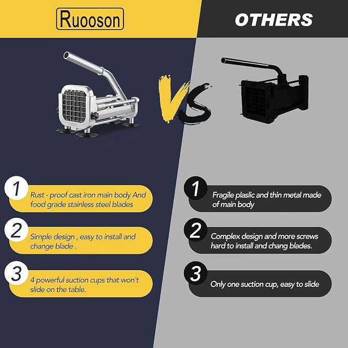 French Fry Cutter, Ruooson Professional Potato Cutter Slicer with1/2 In & 3/8 In Stainless Steel Blades, Great for Whole Potatoes Carrots Cucumbers.