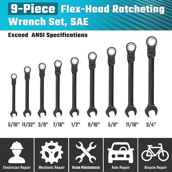 DURATECH 9-Piece Flex-Head Ratcheting Wrench Set, SAE | 5/16", 11/32", 3/8", 7/16", 1/2", 9/16", 5/8", 11/16" and 3/4", 72-Tooth, Black Electrocoat, CR-V Steel, Rolling Pouch