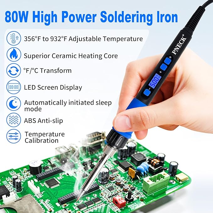 Soldering Iron Kit, 80W Soldering Iron Pen with Adjustable Temperature, LCD Display, ON/OFF Switch, 5 Tips, Solder Wire, Stand with Sponge, Pump, Paste, Tweezer, Blue