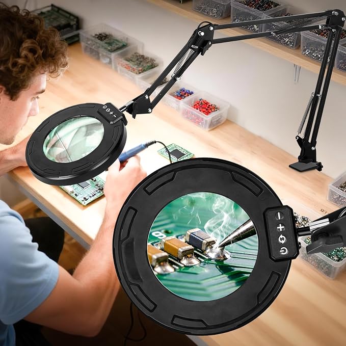 HITTI 12X Ultra Long Magnifying Glass with Light and Clamp