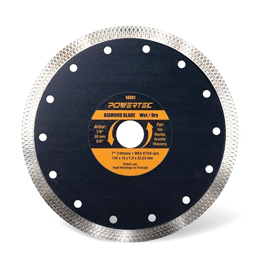 POWERTEC Diamond Saw Blades 7 Inch, Tile Saw Blade Wet, Concrete Blade for Circular Saws, Super Thin Turbo Mesh Rim Blades Cutting Porcelain, Granite & Ceramic Tile, Masonry, Brick and Marble - 14001V