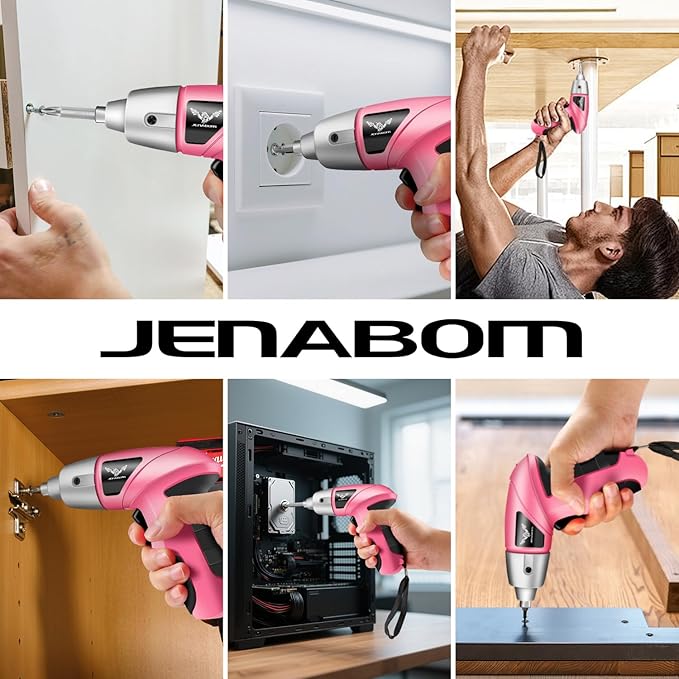 JENABOM Pink Cordless Electric Screwdriver, 3.6V Rechargeable Small Electric Drill with 24pcs Driver Bit Set, Power 3.5Nm Screw Gun with LED Light for Women