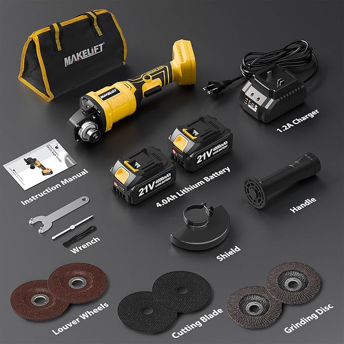 Cordless Angle Grinder 4-1/2 Inch, Brushless Grinder Tool Kit, 2 x 21V 4.0Ah Batteries, 10000RPM Cordless Grinder, Cut Off Tool for Metal Cutting, Grinding, Polishing, Rust Removal (Yellow)