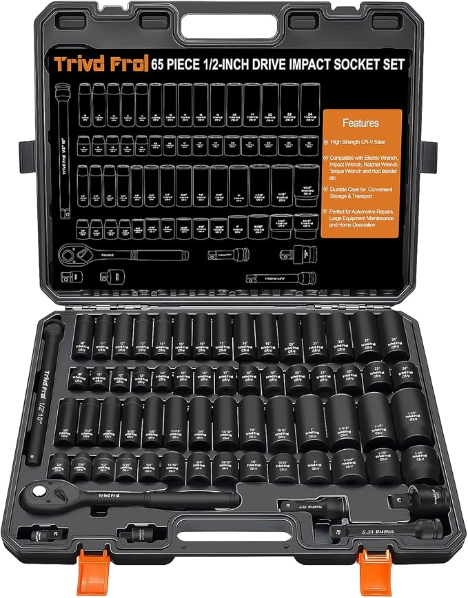 1/2" Impact Socket Set Metric and Standard - Trivd Frol 65 Piece Socket Set | SAE 3/8" to 1-1/4" and Metric 8-24mm, Shallow & Deep Socket Set, Cr-V Steel, 6-Point, with Ratchet, Extension Bars, Adapter
