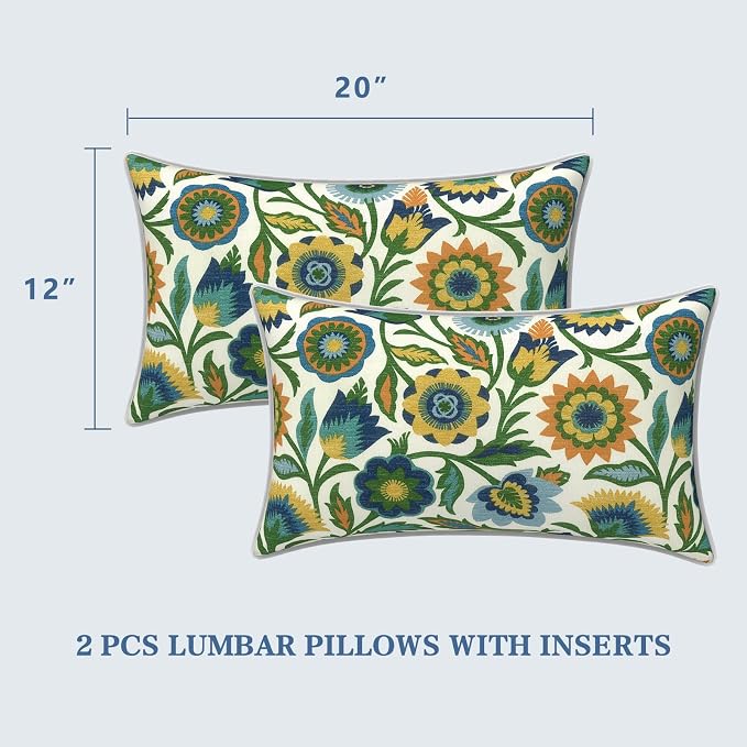 LVTXIII 2 Pack Outdoor Lumbar Pillows 12x20 Inch with White Piping, Fade Resistant Support Throw Pillows with Inserts for Patio Furniture, Sofa, Chair, Fiesta Floral