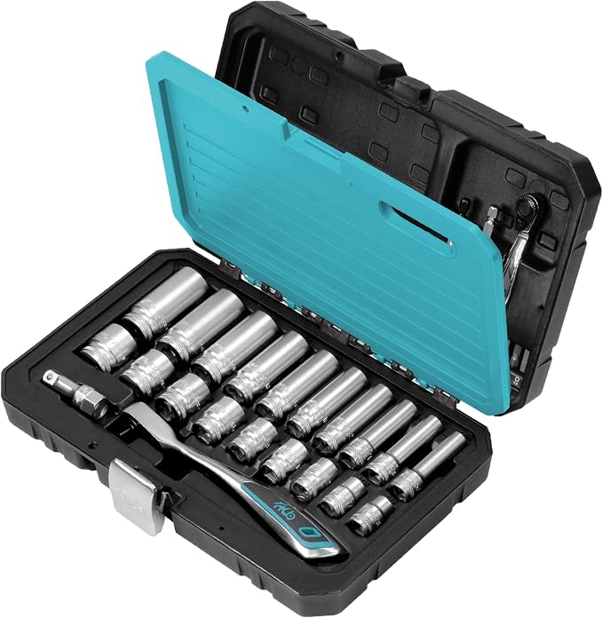 HB 74-Piece Socket Set AKX007-U, 120-Tooth Ratchet 3/8" Drive, 72-Tooth Stubby Mini Ratchet, SAE Standard & Deep Sockets, Impact Adapter, CR-V Steel, Storage Case, Made in Taiwan