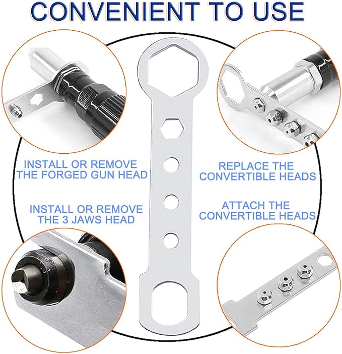 JONMON Electric Rivet Gun Adapter - Cordless Drill Metal Riveter-Blind Riveting Rivet Insert Nut Attachment Power Tool Kit with 3 Rivet Convertible Heads and Handle Wrench