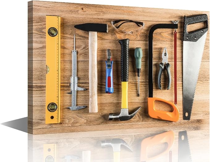 TUMOVO Wall Art for Office Wall Art Assorted Work Tools on Wood Background 1 Panels Picture Canvas Print Artwork Home Study Repair Shop Wall Decor Modern Hammer and Ruler Poster ((16" Wx24 H)