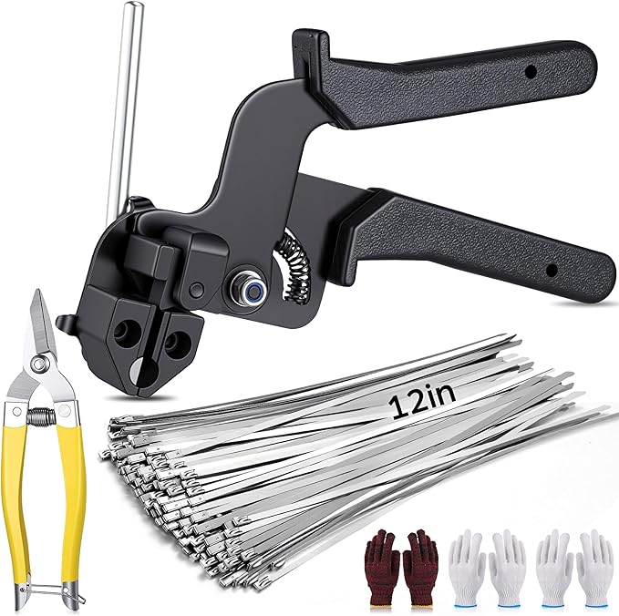 155 Pack Stainless Steel Cable Tie Gun Kit, 150 Pcs 11.8 Inch Metal Zip Ties, Adjustable Fastening and Cutting Tools for Fence, Chain Link Fence, Pipe, Industrial Use