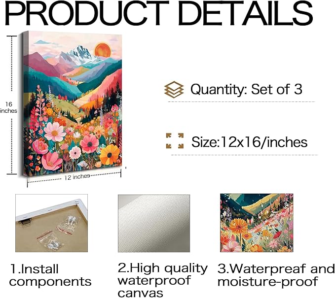 Frimeeme Colorful Watercolor Floral Mountain Canvas Wall Art, 3-Piece Boho Nature Landscape Print, Living Room Bedroom Decor, 12x16 in,Framed