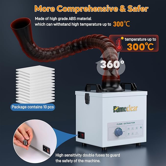FumeClear Solder Fume Extractor - Powerful 100W Suction 200m³/h, Low-Noise, 3-Stage Filtration System with 12PCS Filters for Laser Welding Smoke Absorption and Desktop Soldering